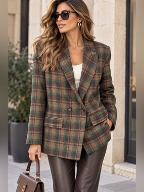 E69. Plaid Double-Breasted Wool-Blend Blazer in Brown & Green